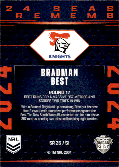 Bradman Best Knights Season To Remember 2025 NRL Traders Trading Card SR 26/51