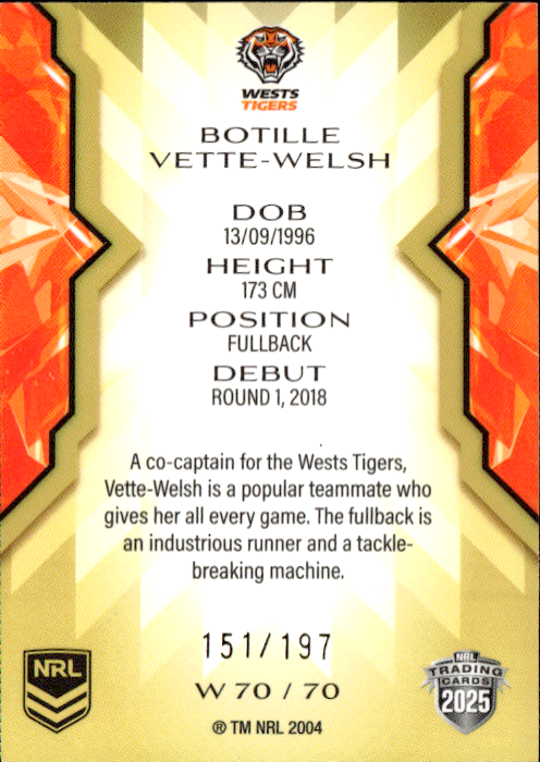 Botille Vette-Welsh West Tigers Womens Gold Parallel #151/197 2025 NRL Traders Trading Card WG70/70