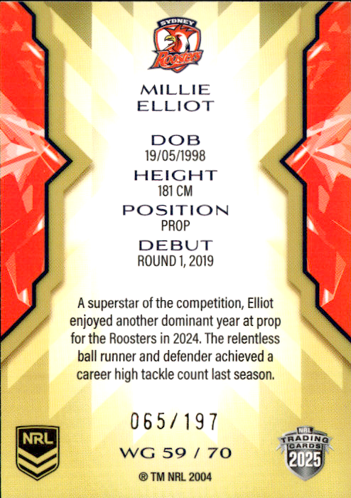 Millie Elliot Roosters Womens Gold Parallel #065/197 2025 NRL Traders Trading Card WG59/70