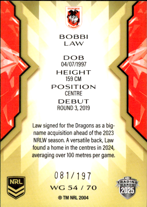 Bobbi Law Dragons Womens Gold Parallel #081/197 2025 NRL Traders Trading Card WG54/70