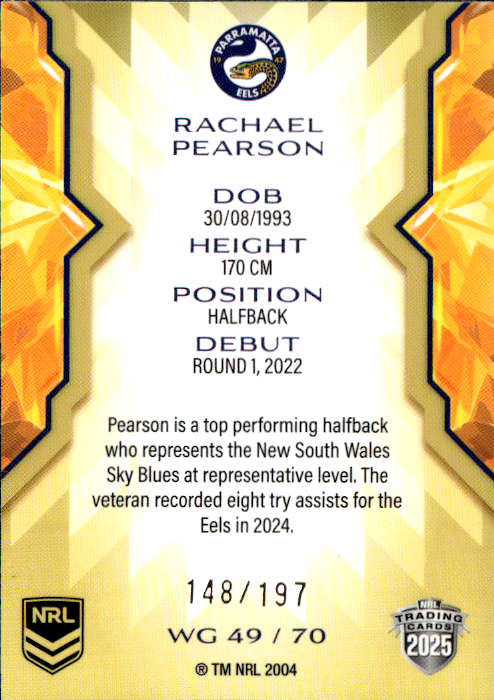 Rachael Pearson Eels Womens Gold Parallel #148/197 2025 NRL Traders Trading Card WG49/70