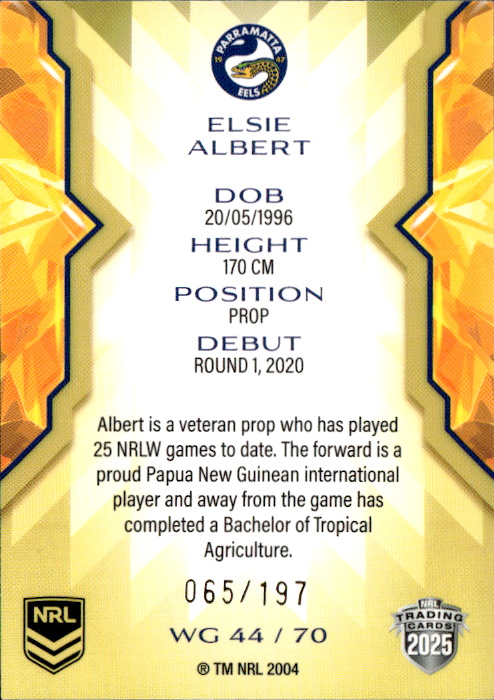 Elsie Albert Eels Womens Gold Parallel #065/197 2025 NRL Traders Trading Card WG44/70