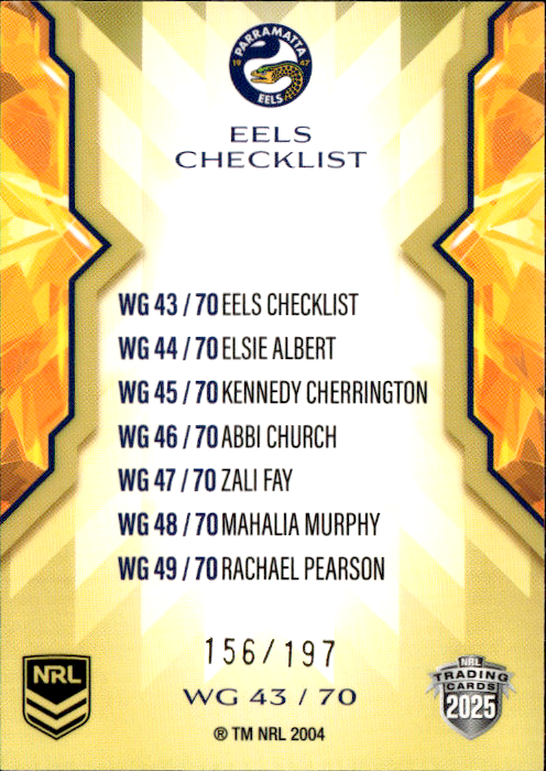 Eels Checklist  Womens Gold Parallel #156/197 2025 NRL Traders Trading Card WG43/70
