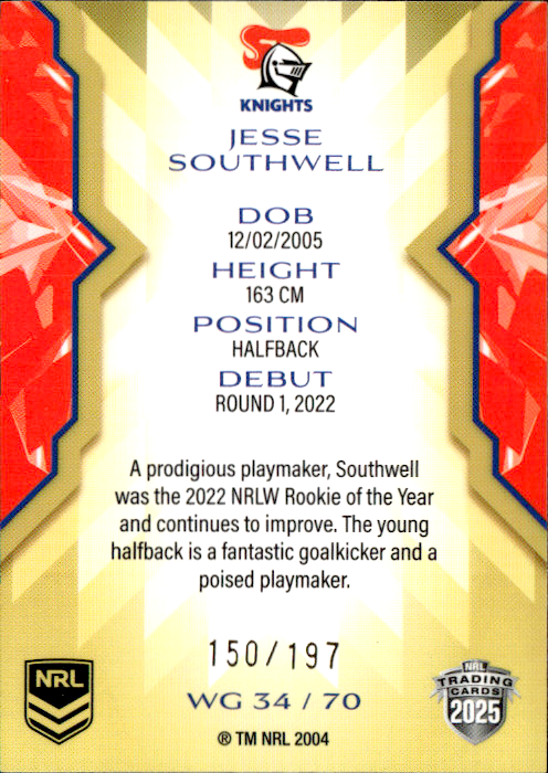 Jesse Southwell Knights Womens Gold Parallel #150/197 2025 NRL Traders Trading Card WG34/70