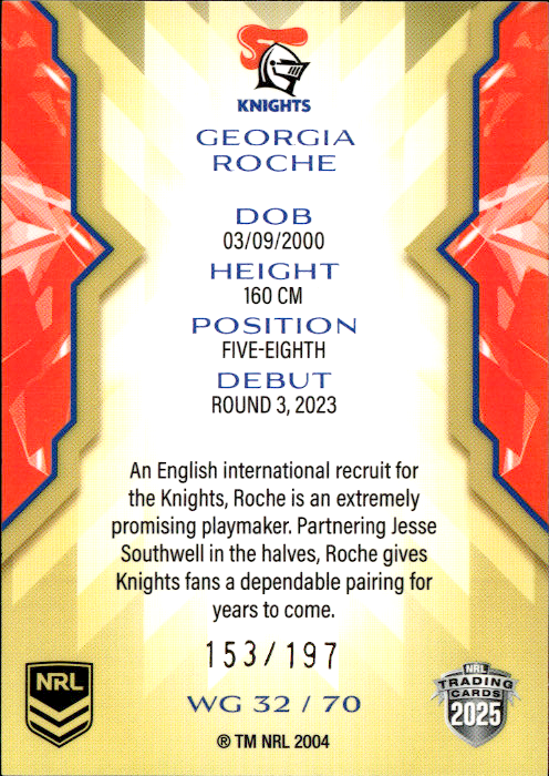 Georgia Roche Knights Womens Gold Parallel #153/197 2025 NRL Traders Trading Card WG32/70