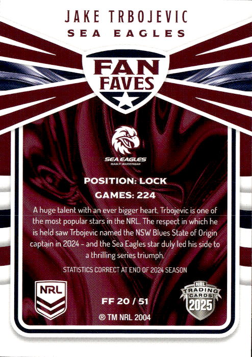 Jake Trbojevic Sea Eagles Fan Faves 2025 NRL Traders Trading Card FF 20/51