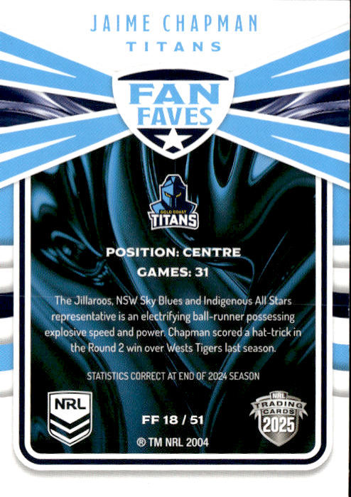 Jaime Chapman Titans Fan Faves 2025 NRL Traders Trading Card FF 18/51