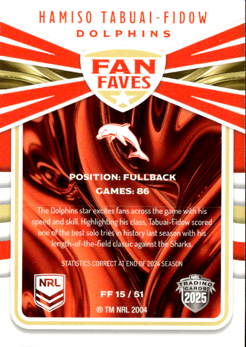 Hamison Tabuai-Fidow Dolphins Fan Faves 2025 NRL Traders Trading Card FF 15/51