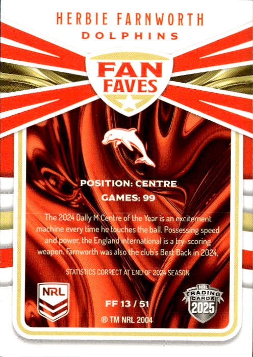 Herbie Farnworth Dolphins Fan Faves 2025 NRL Traders Trading Card FF 13/51