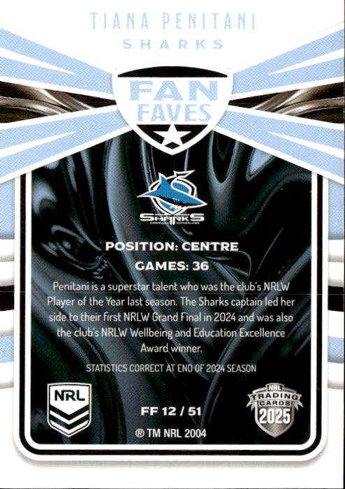 Tiana Penitani Sharks Fan Faves 2025 NRL Traders Trading Card FF 12/51
