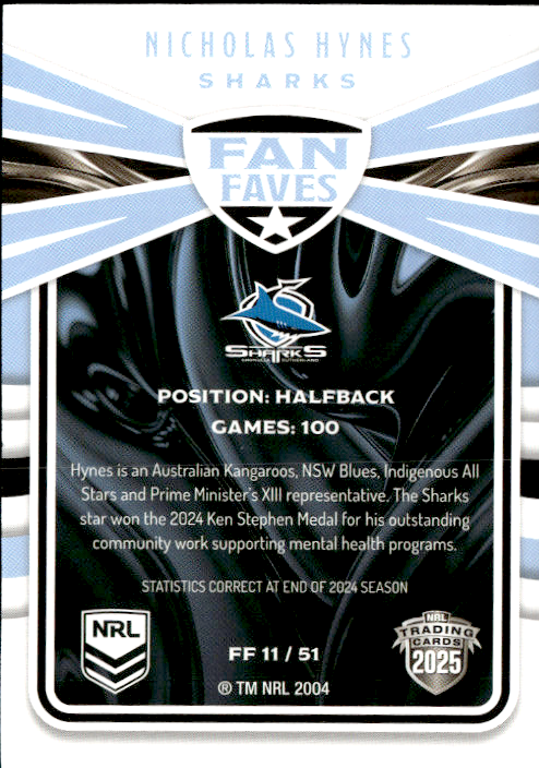 Nicholas Hynes Sharks Fan Faves 2025 NRL Traders Trading Card FF 11/51