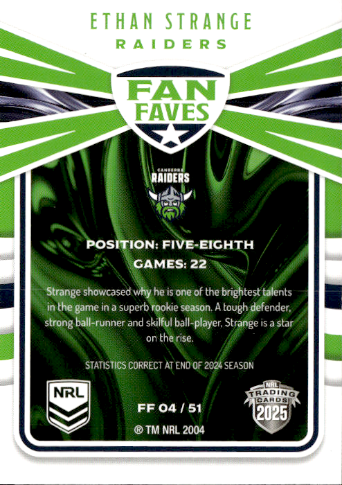 Ethan Strange Raiders Fan Faves 2025 NRL Traders Trading Card FF 04/51