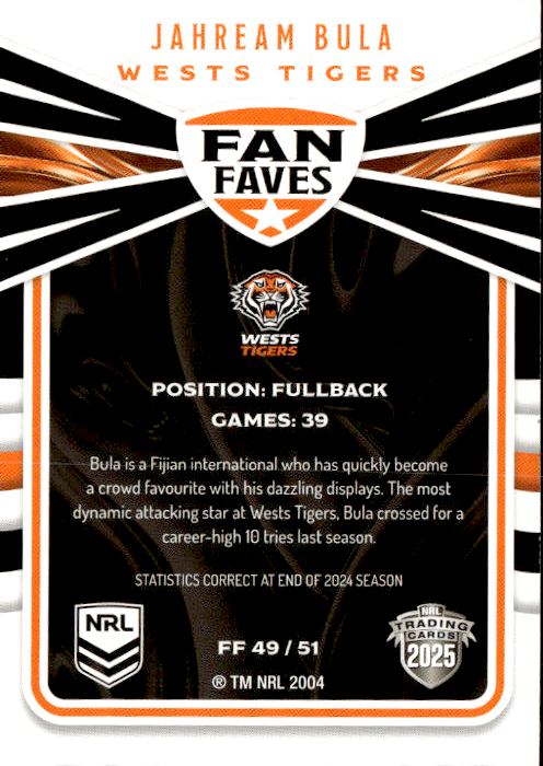 Jahream Bula West Tigers Fan Faves 2025 NRL Traders Trading Card FF 49/51