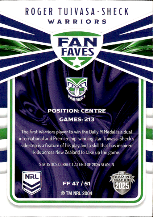 Roger Tuivasa-Sheck Warriors Fan Faves 2025 NRL Traders Trading Card FF 47/51