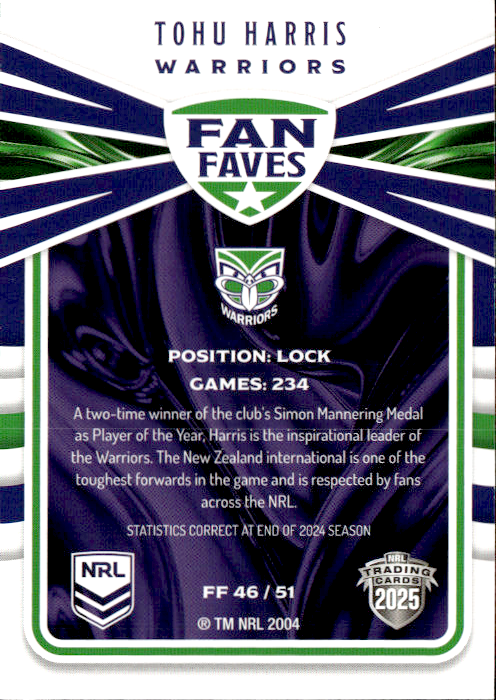 Tohu Harris Warriors Fan Faves 2025 NRL Traders Trading Card FF 46/51