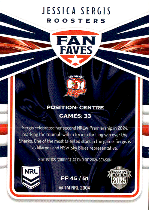 Jessica Sergis Roosters Fan Faves 2025 NRL Traders Trading Card FF 45/51