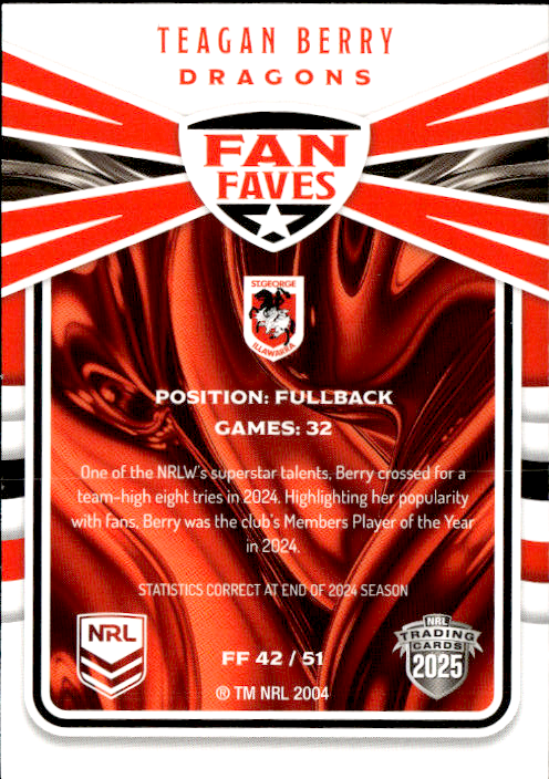 Teagan Berry Dragons Fan Faves 2025 NRL Traders Trading Card FF 42/51