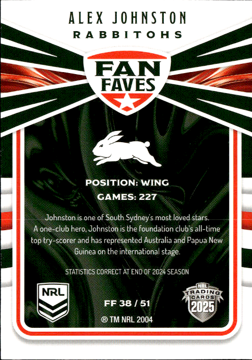 Alex Johnston Rabbitohs Fan Faves 2025 NRL Traders Trading Card FF 38/51