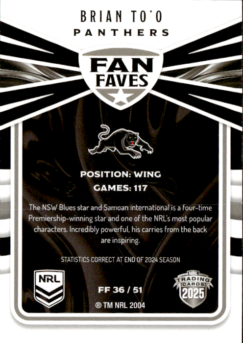 Brian To'o Panthers Fan Faves 2025 NRL Traders Trading Card FF 36/51