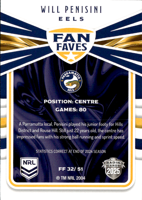 Will Penisini Eels Fan Faves 2025 NRL Traders Trading Card FF 32/51