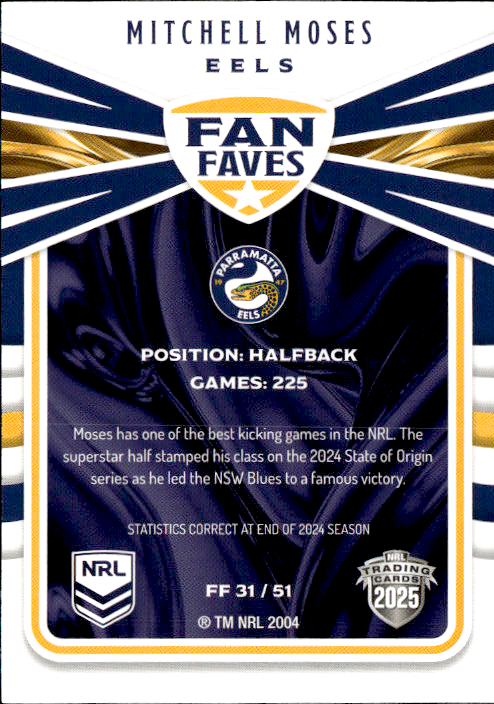 Mitchell Moses Eels Fan Faves 2025 NRL Traders Trading Card FF 31/51
