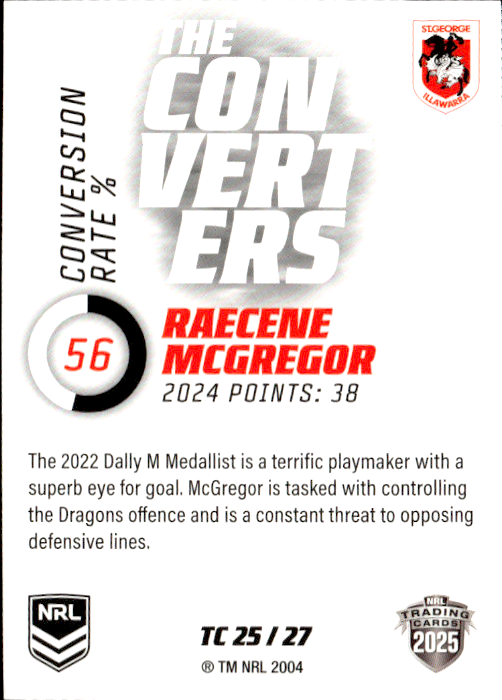 Raecene McGregor Dragons The Converters 2025 NRL Traders Trading Card TC 25/27