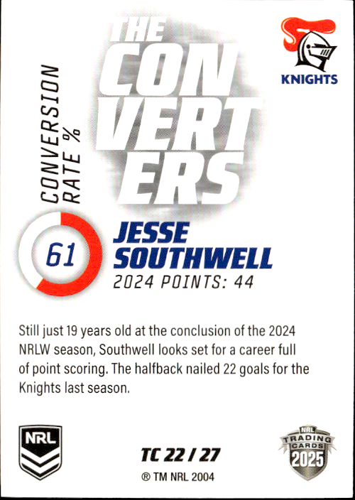 Jesse Southwell Knights The Converters 2025 NRL Traders Trading Card TC 22/27