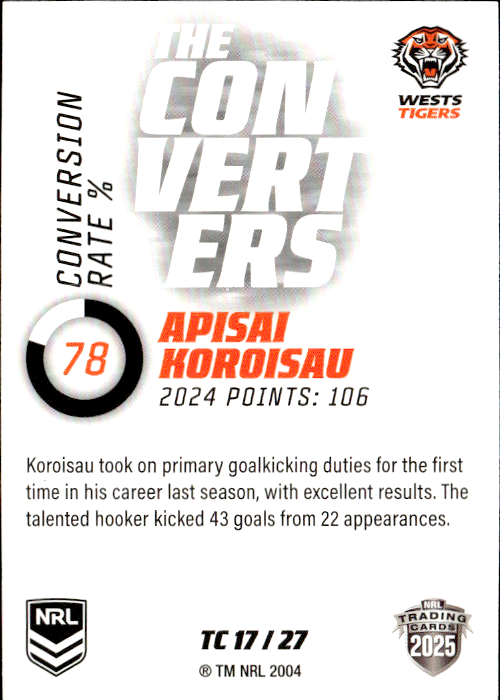 Apisai Koroisau West Tigers The Converters 2025 NRL Traders Trading Card TC 17/27