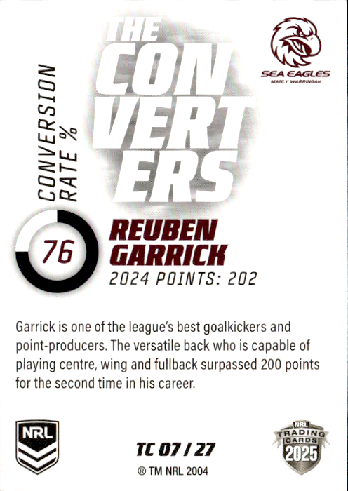 Reuben Garrick Sea Eagles The Converters 2025 NRL Traders Trading Card TC 07/27