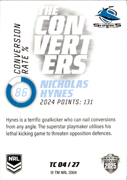 Nicholas Hynes Sharks The Converters 2025 NRL Traders Trading Card TC 04/27
