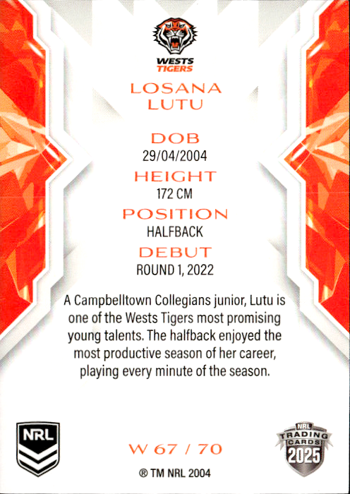 Losana Lutu West Tigers NRL Women 2025 NRL Traders Trading Card W 67/70