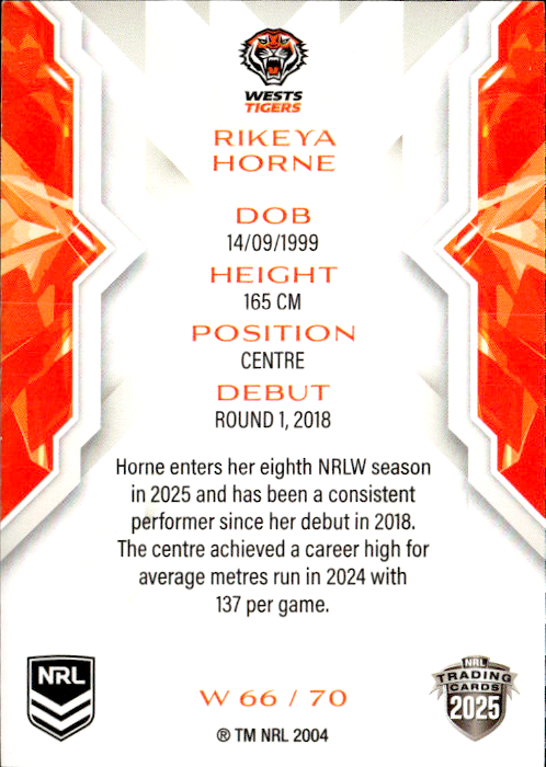 Rikeya Horne West Tigers NRL Women 2025 NRL Traders Trading Card W 66/70