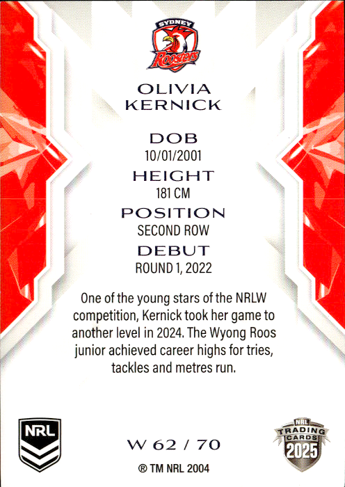 Olivia Kernick Roosters NRL Women 2025 NRL Traders Trading Card W 62/70