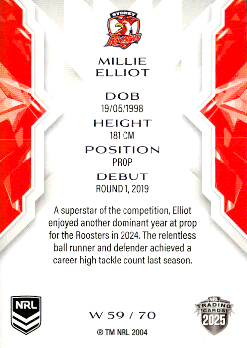 Millie Elliot Roosters NRL Women 2025 NRL Traders Trading Card W 59/70
