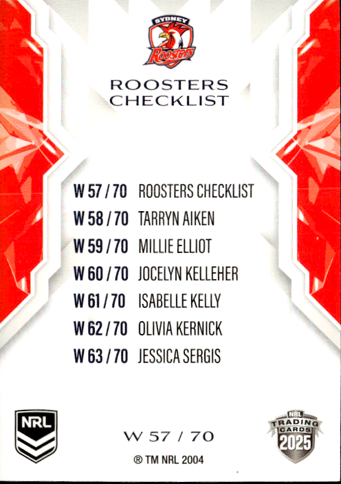 Roosters Checklist  NRL Women 2025 NRL Traders Trading Card W 57/70