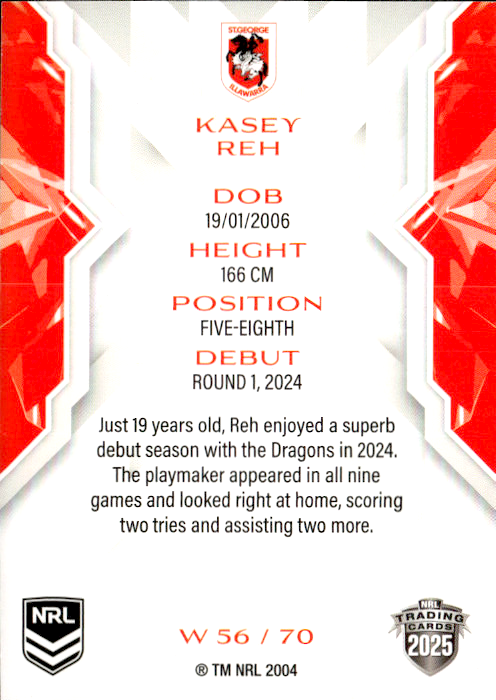 Kasey Reh Dragons NRL Women 2025 NRL Traders Trading Card W 56/70