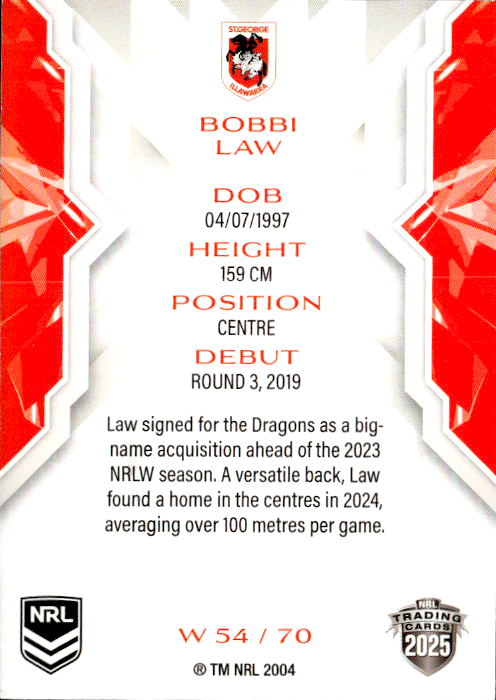 Bobbi Law Dragons NRL Women 2025 NRL Traders Trading Card W 54/70