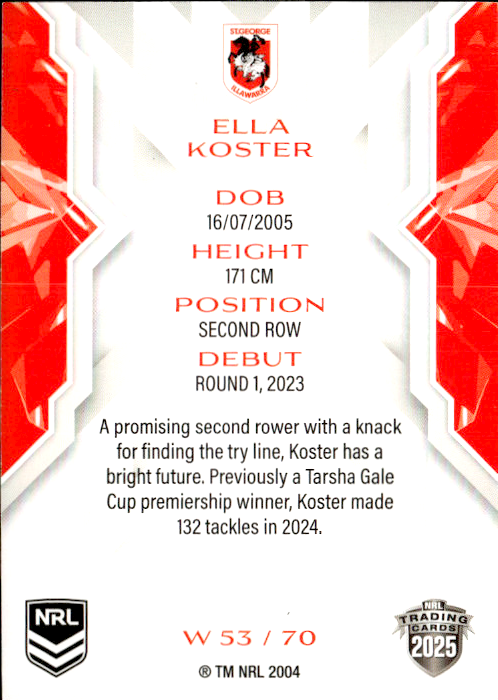 Ella Koster Dragons NRL Women 2025 NRL Traders Trading Card W 53/70