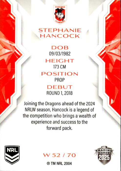 Stephanie Hancock Dragons NRL Women 2025 NRL Traders Trading Card W 52/70