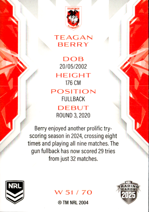 Teagan Berry Dragons NRL Women 2025 NRL Traders Trading Card W 51/70