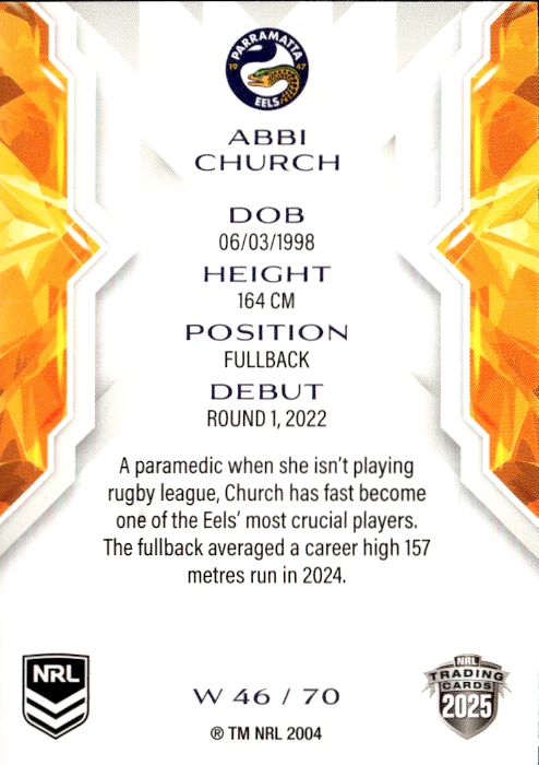 Abbi Church Eels NRL Women 2025 NRL Traders Trading Card W 46/70