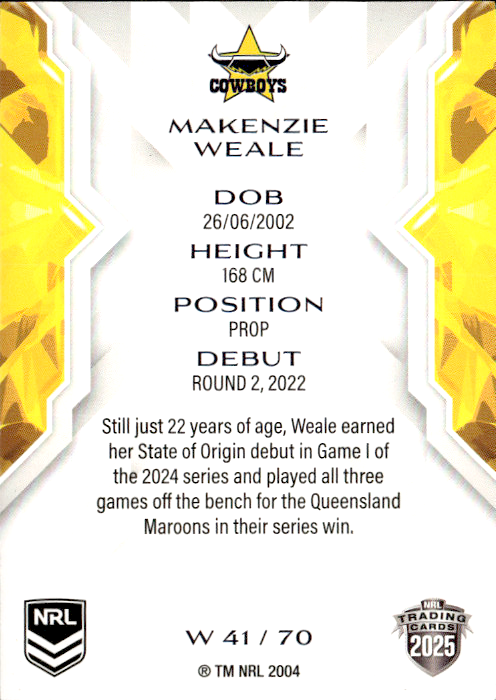 Makenzie Weale Cowboys NRL Women 2025 NRL Traders Trading Card W 41/70