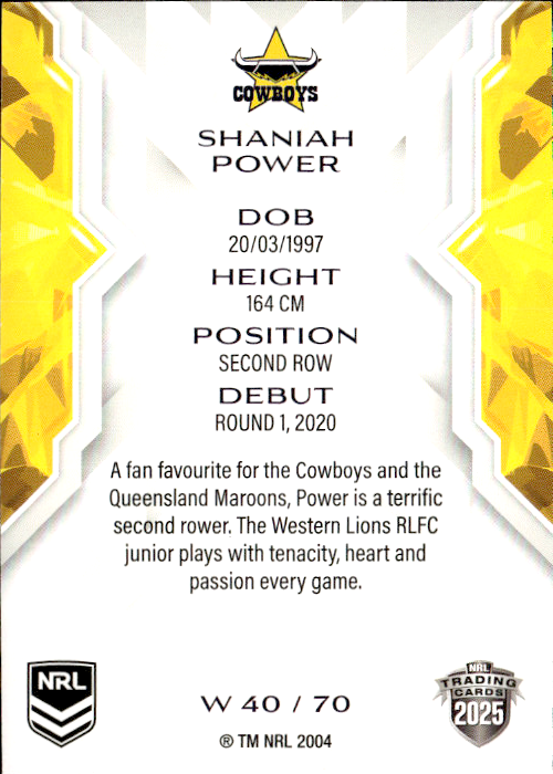 Shaniah Power Cowboys NRL Women 2025 NRL Traders Trading Card W 40/70