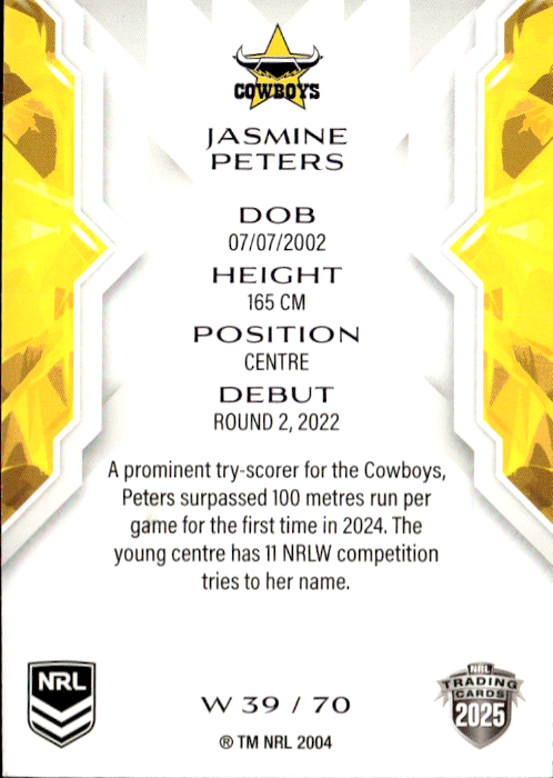 Jasmine Peters Cowboys NRL Women 2025 NRL Traders Trading Card W 39/70