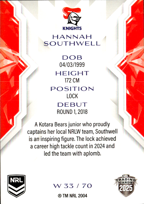 Hannah Southwell Knights NRL Women 2025 NRL Traders Trading Card W 33/70