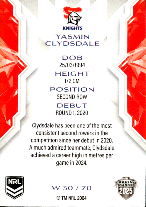 Yasmin Clydsdale Knights NRL Women 2025 NRL Traders Trading Card W 30/70