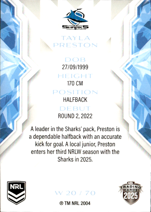 Tayla Preston Sharks NRL Women 2025 NRL Traders Trading Card W 20/70