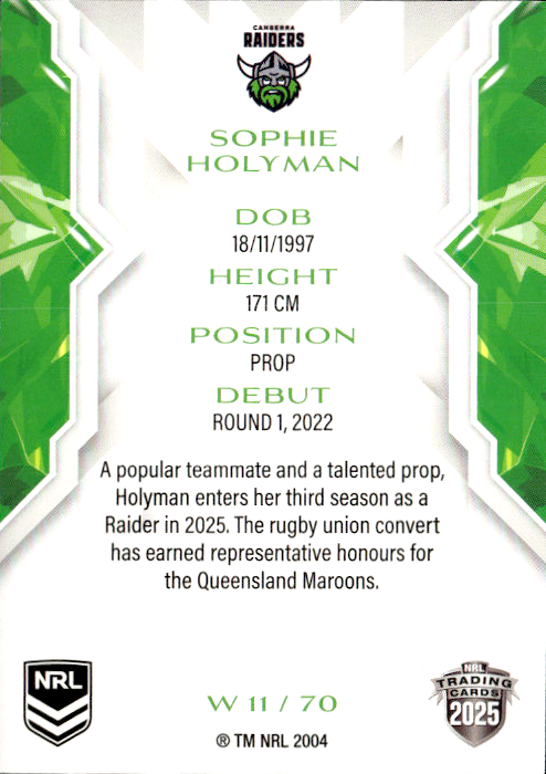 Sophie Holyman Raiders NRL Women 2025 NRL Traders Trading Card W 11/70
