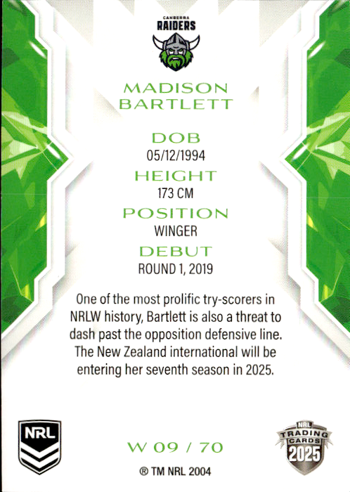Madison Bartlett Raiders NRL Women 2025 NRL Traders Trading Card W 09/70