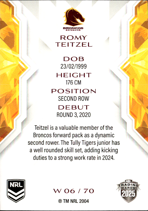 Romy Teitzel Broncos NRL Women 2025 NRL Traders Trading Card W 06/70